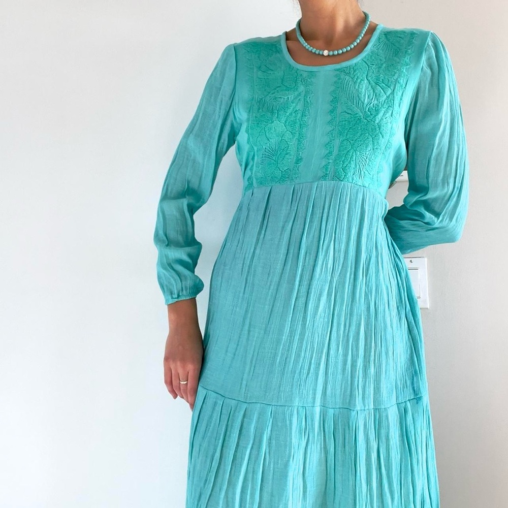 Handmade Turquoise Blue Embroidered Maxi Long Sleeve Tiered Linen Dress | Size M